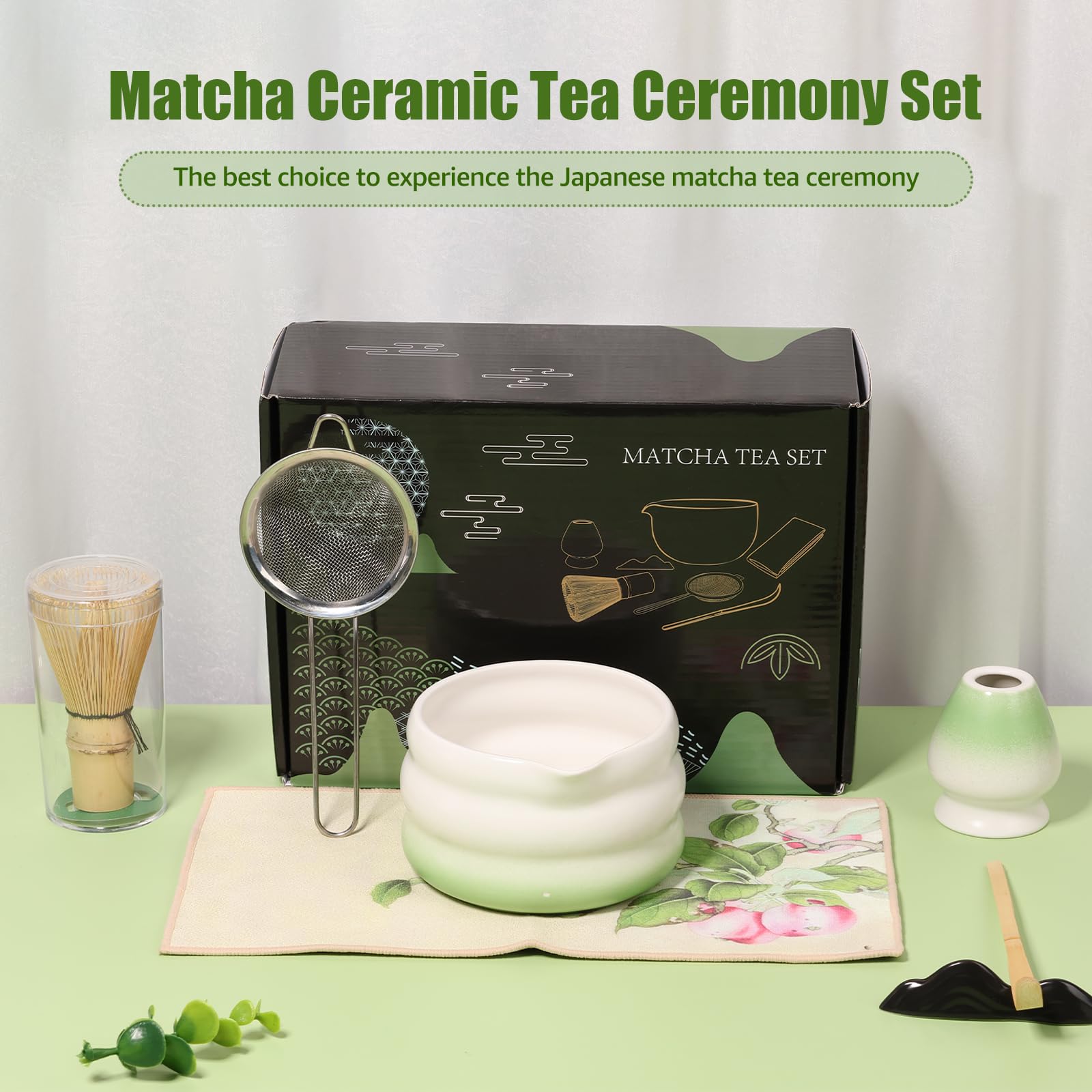 Juego de batidores de matcha – Juego de 7 piezas para hacer té japonés con cuenco matcha, batidor de bambú y soporte de cerámica, tamiz de batidor de acero inoxidable, paño de cocina