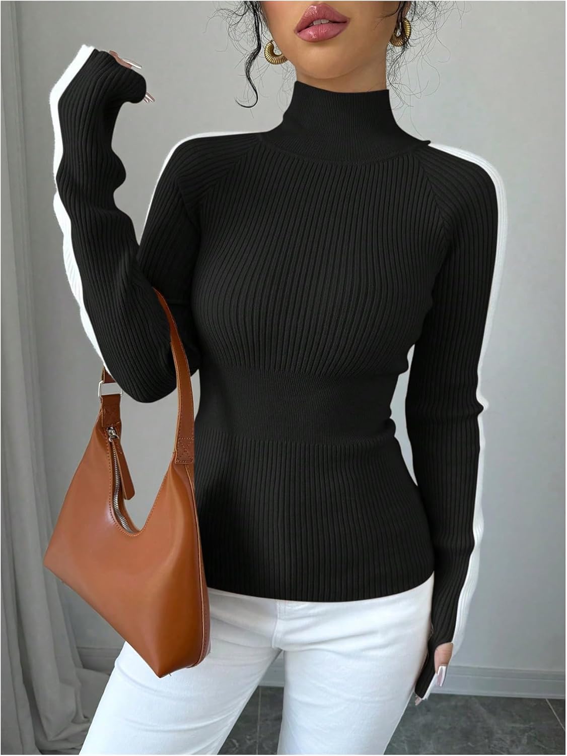 Verdusa Women's Striped Sweater Ribbed Knit Color Block Sweater High Neck Long Sleeve Fitted Pullovers - Image 3