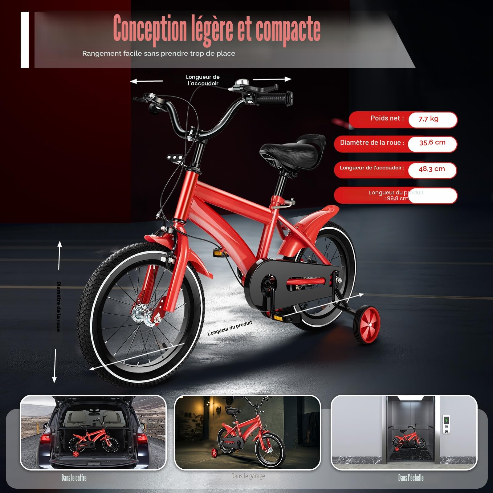 Vélo pour enfant de 3 à 6 ans, vélo avec roues stabilisatrices amovibles, double système de freinage, siège et accoudoirs réglables, plusieurs couleurs