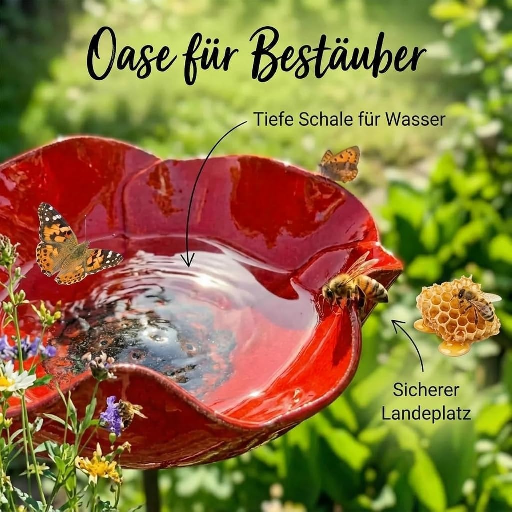 Gartenstecker Metall Vogeltränke Blume,Handgefertigte Winterfeste Bienentränke & Insektentränke für Bienen & Schmetterlinge,Dekorative Gartendeko für Draußen,Terrasse und Rasen(Rot, Gelb, Blau)