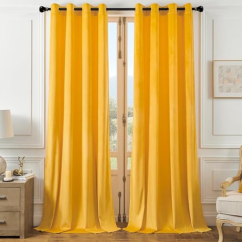 ChrisDowa Cortinas de terciopelo dorado de 84 pulgadas de largo, juego de 2 paneles con aislamiento térmico para oscurecer la habitación, cortinas