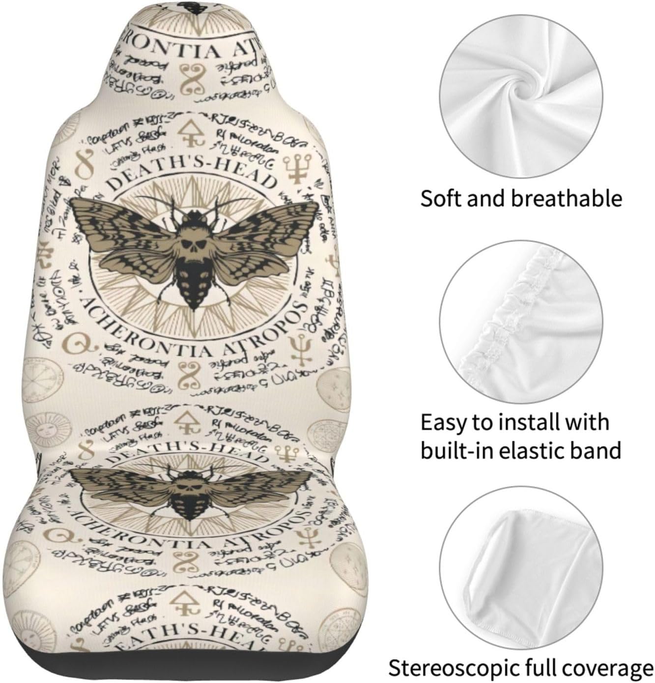 Moth Dead Head Mystical Circle Car Front Seat Covers 2 Pack Vehicle Seat Protector Universal Fit Full Sets Sedan Truck SUV, Black