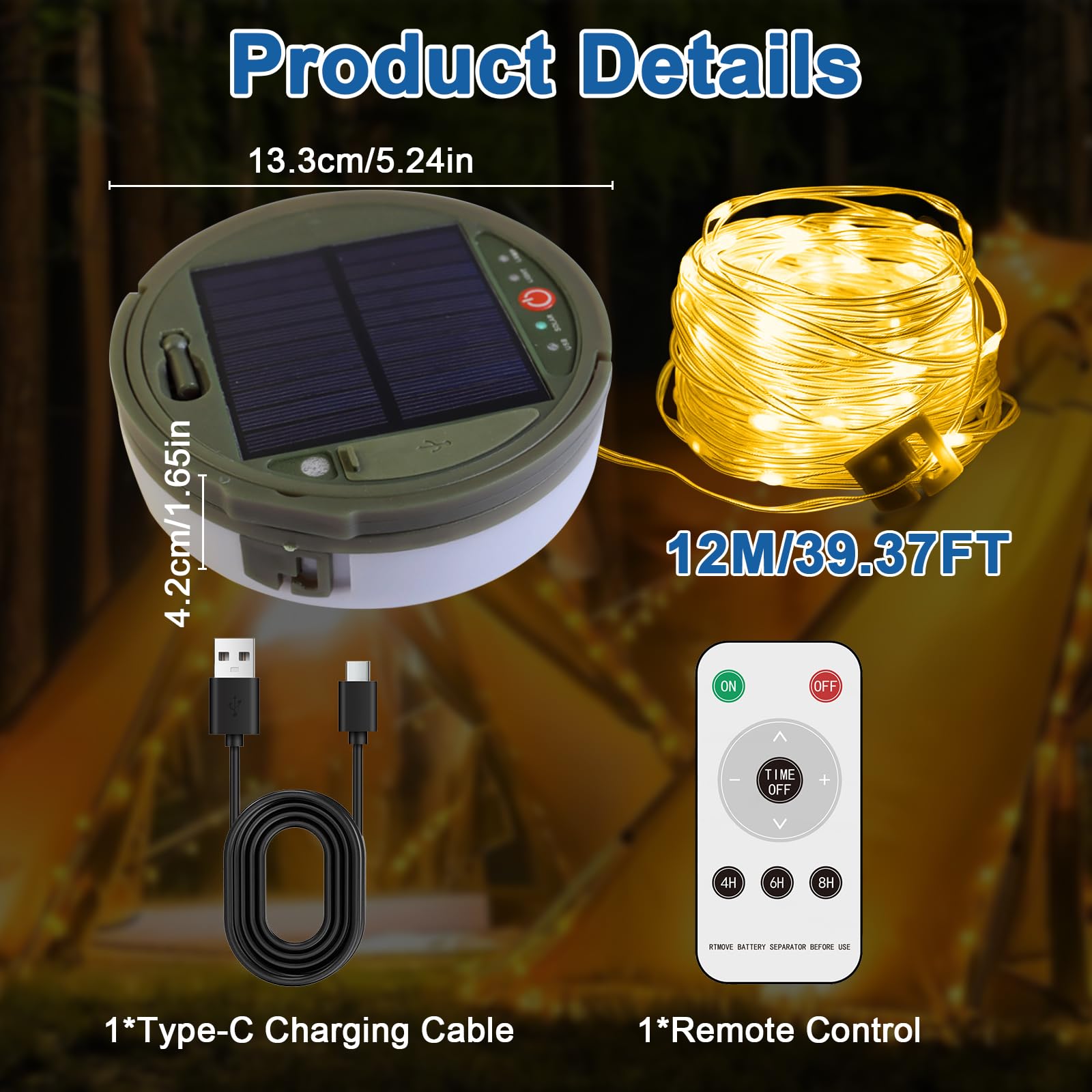 Catena luminosa da campeggio arrotolabile, 8 m, impermeabile, portatile, per esterni, ricaricabile, ricaricabile, per tenda a LED, per decorazione da giardino (nero