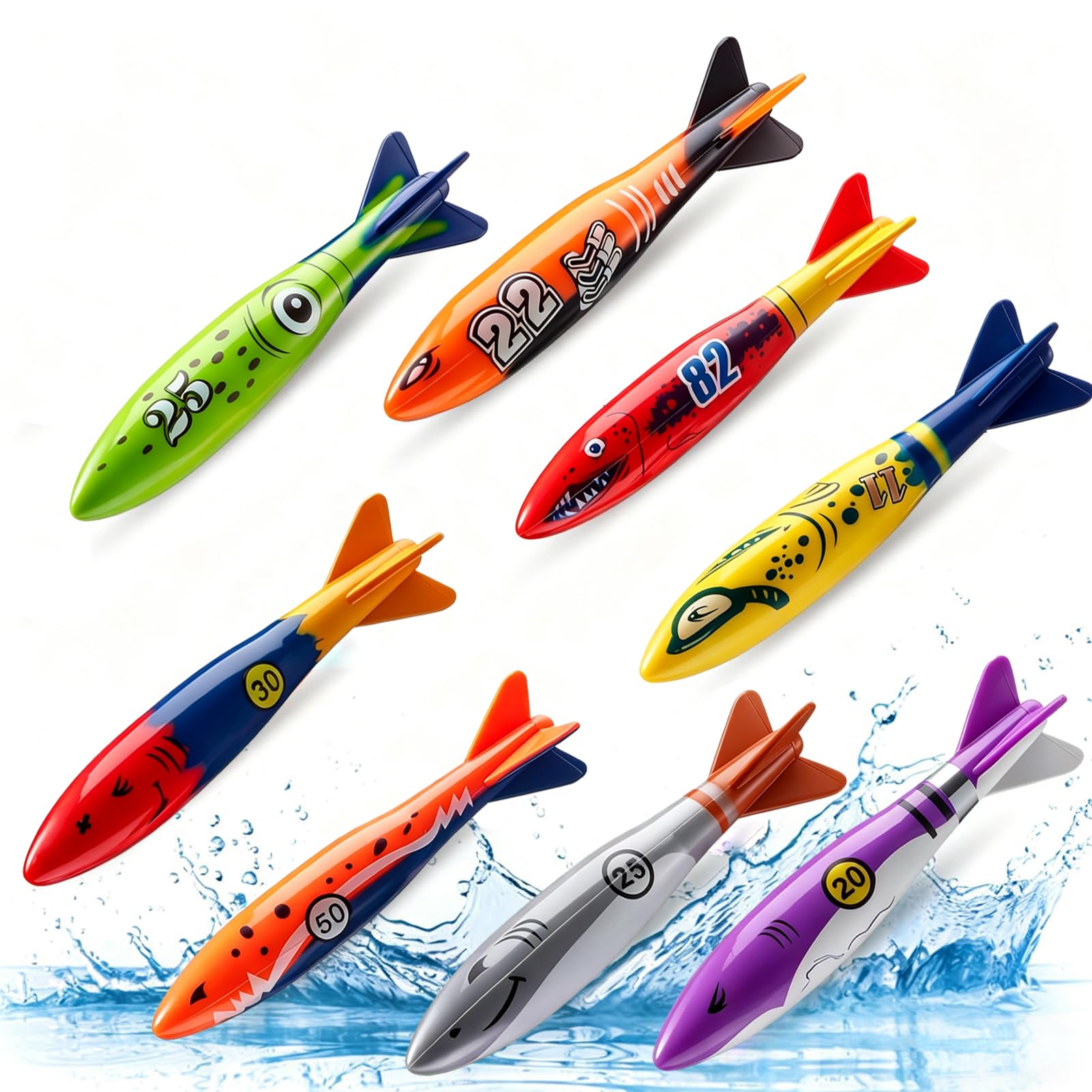 Xndryan Diving Toys for Swimming Pool, 8 Pack Diving Torpedo Sinkers for Swimming Kids Underwater Diving Pool Toys, Summer Swim Training & Water Fun Games