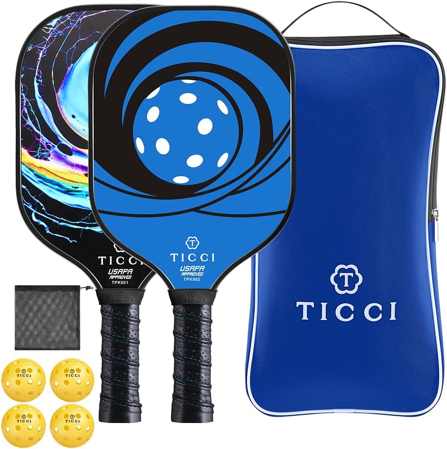 TICCI Pickleball Paddles, USAPA Approved Pickleball Paddles Set of 2, Lightweight Fiberglass Surface Pickleball Set, 4 Pickleballs, 1 Carry Bag & Mesh Bag, Pickle Ball Paddle Gifts for Men Women