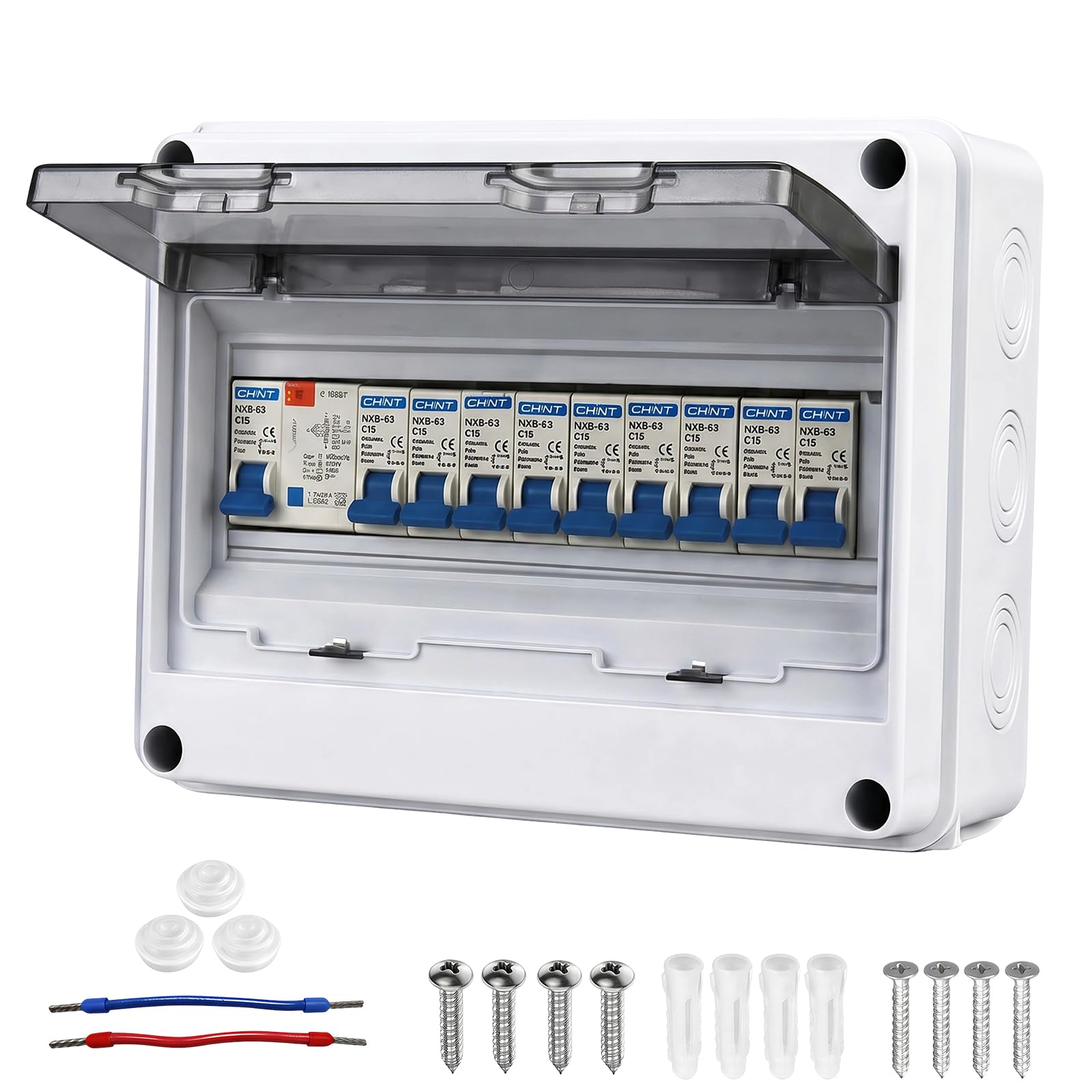 9 Way Consumer Unit Circuit Breaker - IP65 Waterproof Garage Consumer Unit Anti-Leakage Fuse Box for CaravanWorkshopOutbuilding, Distribution Protection Box, 63A 30mA RCD 6A *4+ 10A*3 + 16A*2