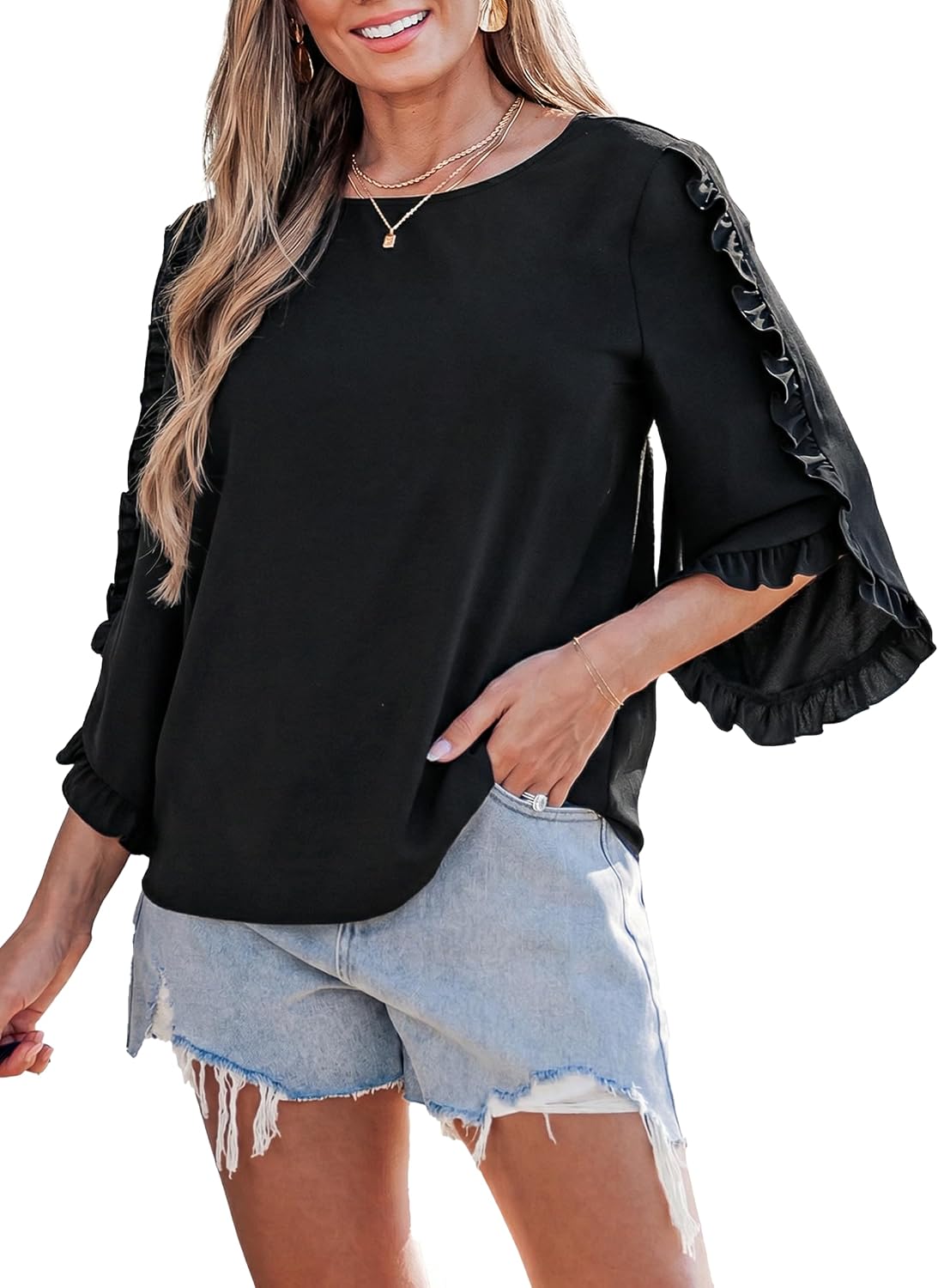 CUPSHE Womens Crew Neck Blouses 3/4 Sleeve Solid Tops Dressy Casual Cute Shirts