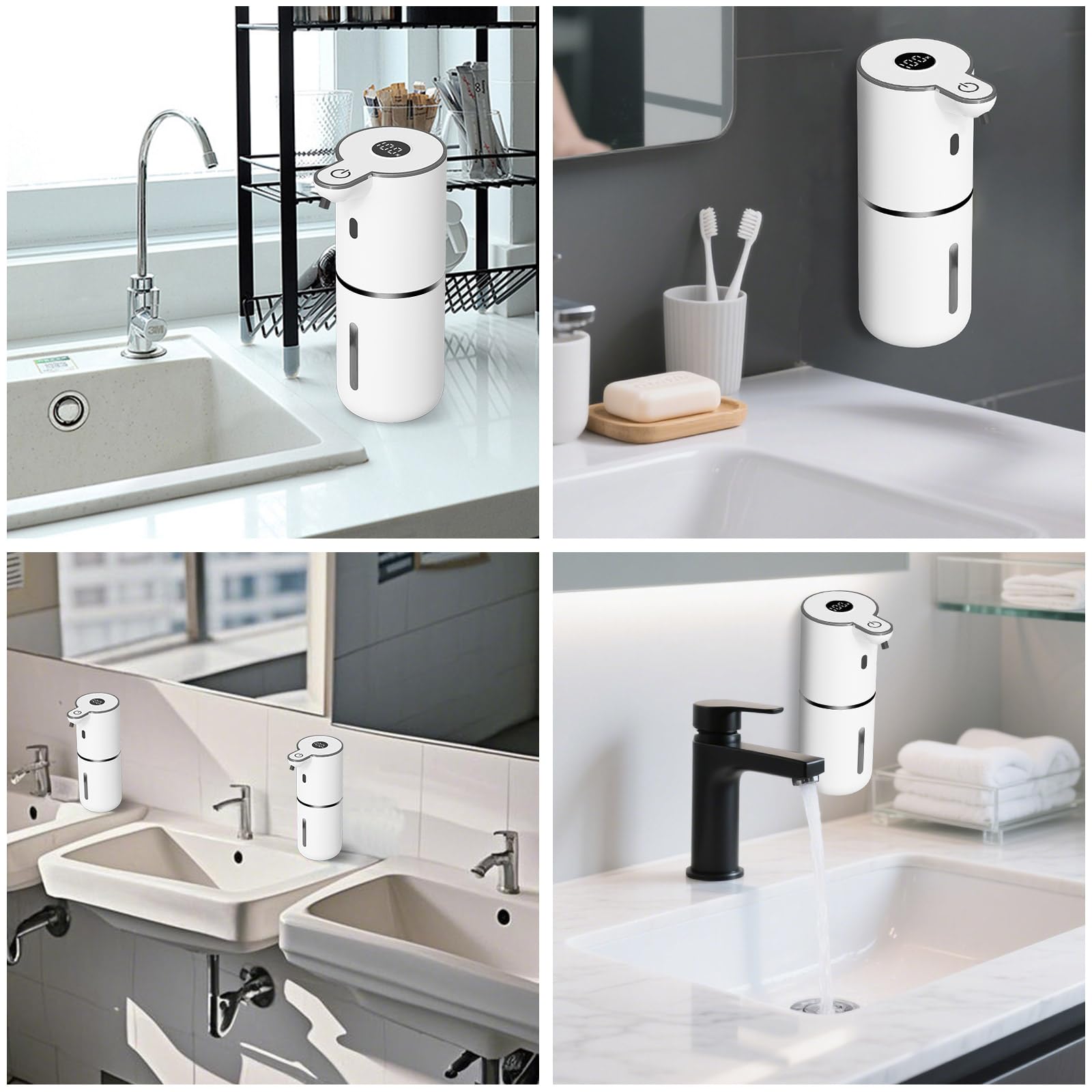 Dispenser automatico di sapone liquido, dispenser di sapone per le mani touchless, dispenser elettrico ricaricabile USB da 380 ml, impermeabile IPX5, montaggio a parete, 6 livelli regolabili