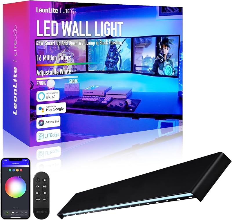 LEONLITE Aplique de pared LED inteligente de 47 pulgadas y 45 W RGBCW Luz de pared que cambia de color | 100-265 V, conexión WiFi y Bluetooth, solución de iluminación comercial para lavado de paredes al aire libre impermeable IP65, negro