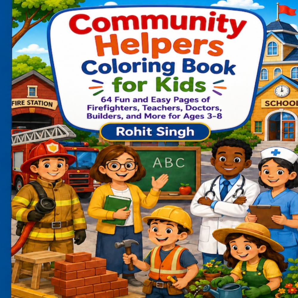 Community Helpers Coloring Book for Kids: 64 Fun and Easy Pages of Firefighters, Teachers, Doctors, Builders, and More for Ages 3-8
