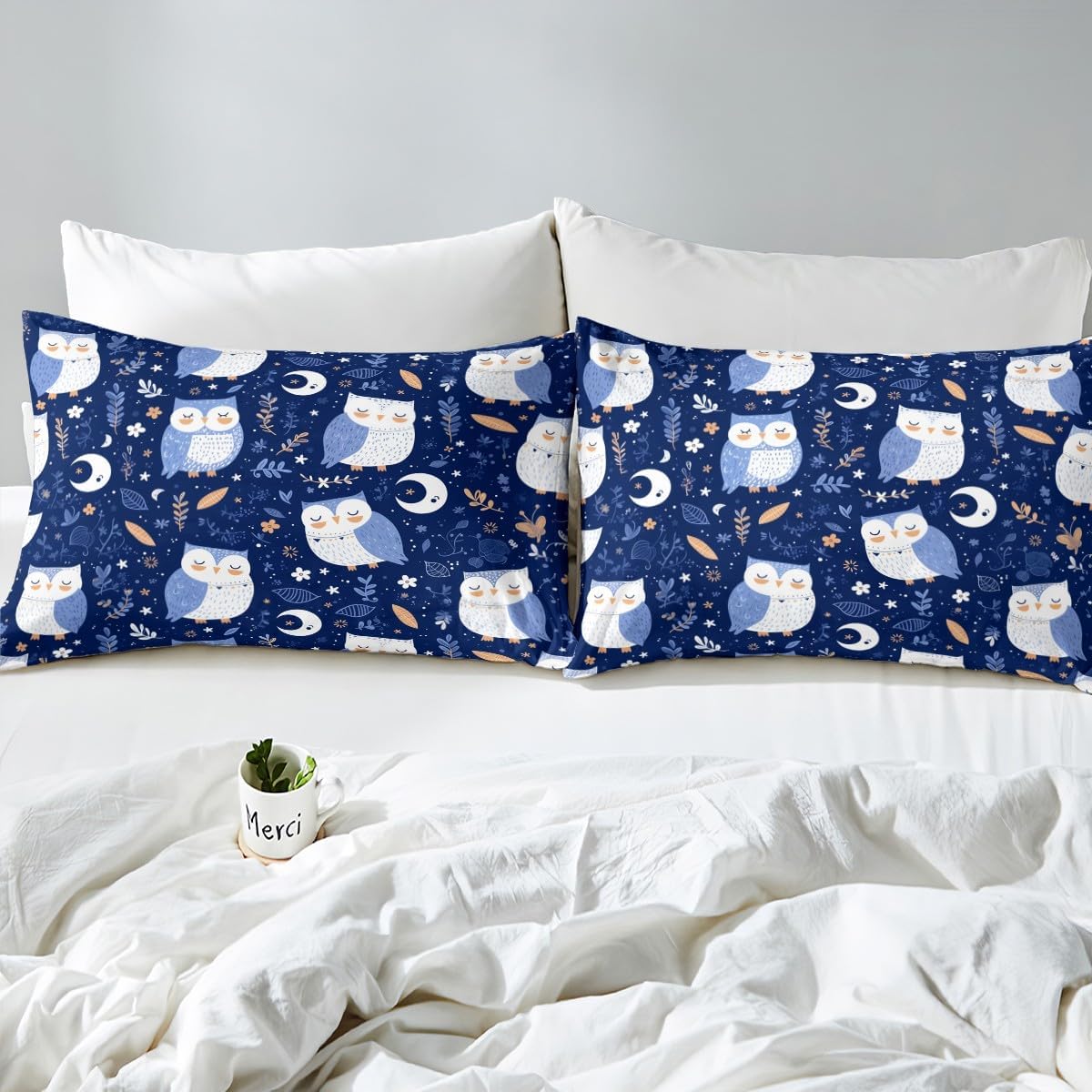 Erosebridal Blue Owl Toddler Bedding Set Cartoon Animals Comforter Cover Bohemian Floral Printed Bedding Wildlife Jungle Bed Set for Kids Boys Girls