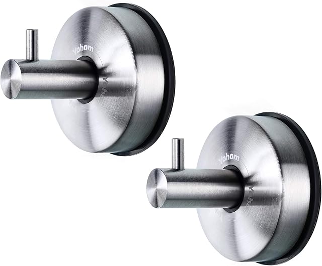 YOHOM 2Pcs Vacuum Suction Cup Hooks Holder Stick to Window Smooth Wall Shower Kitchen Bathroom Towel Hanging Hook Organizer for Towel Bathrobe and Loofah,Hooks No Drill,Brushed Finish