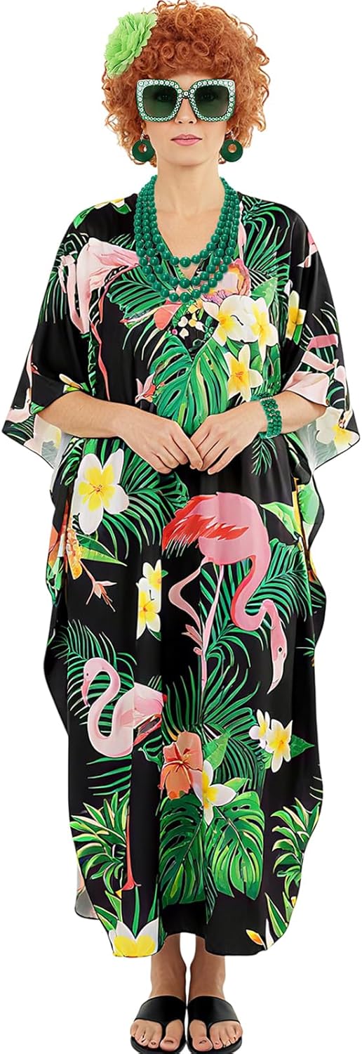 Maiteenly 7pcs Halloween Lady Costume Curly Red Brown Wig Print Caftan Dresses Jewelry Set and Sunglass for Cosplay Party