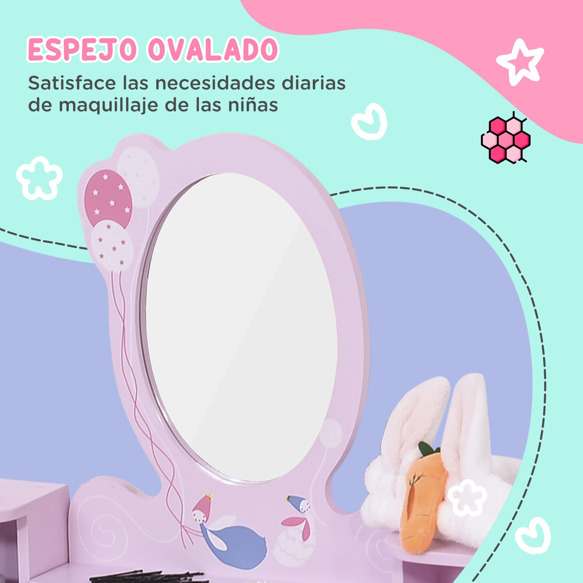HOMCOM Tocador Infantil con Taburete y Espejo Tipo Princesa Mesita de Maquillaje de Madera Rosa Juguete para Niñas 60x34x93 cm
