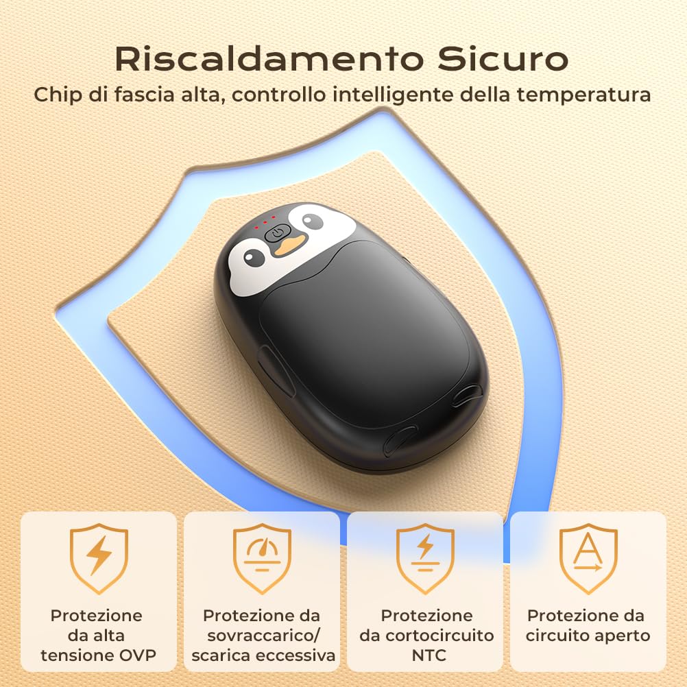 Scaldamani Elettrico, Pinguino Scaldamani Carino 2 Pack, Ricaricabile e Riutilizzabile, Portatile, 23 Ore, Riscaldamento Rapido, Adatto per Esterno, Campeggio