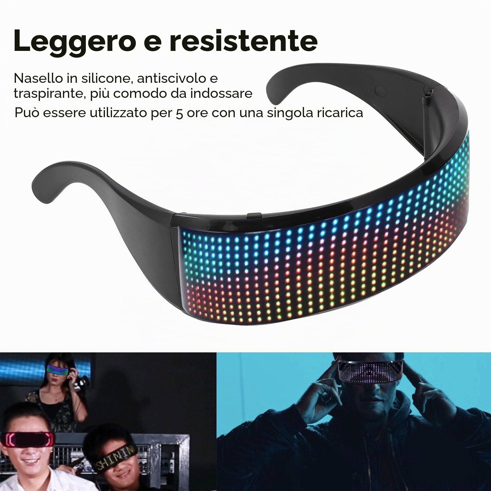 Topiky Occhiali Illuminanti RGB Personalizzabili Controllati APP, Occhiali Intelligenti con Display LED, Occhiali Illuminanti per Adulti, Classici, Unisex, LED 12x36, ABS, Musica e Arte