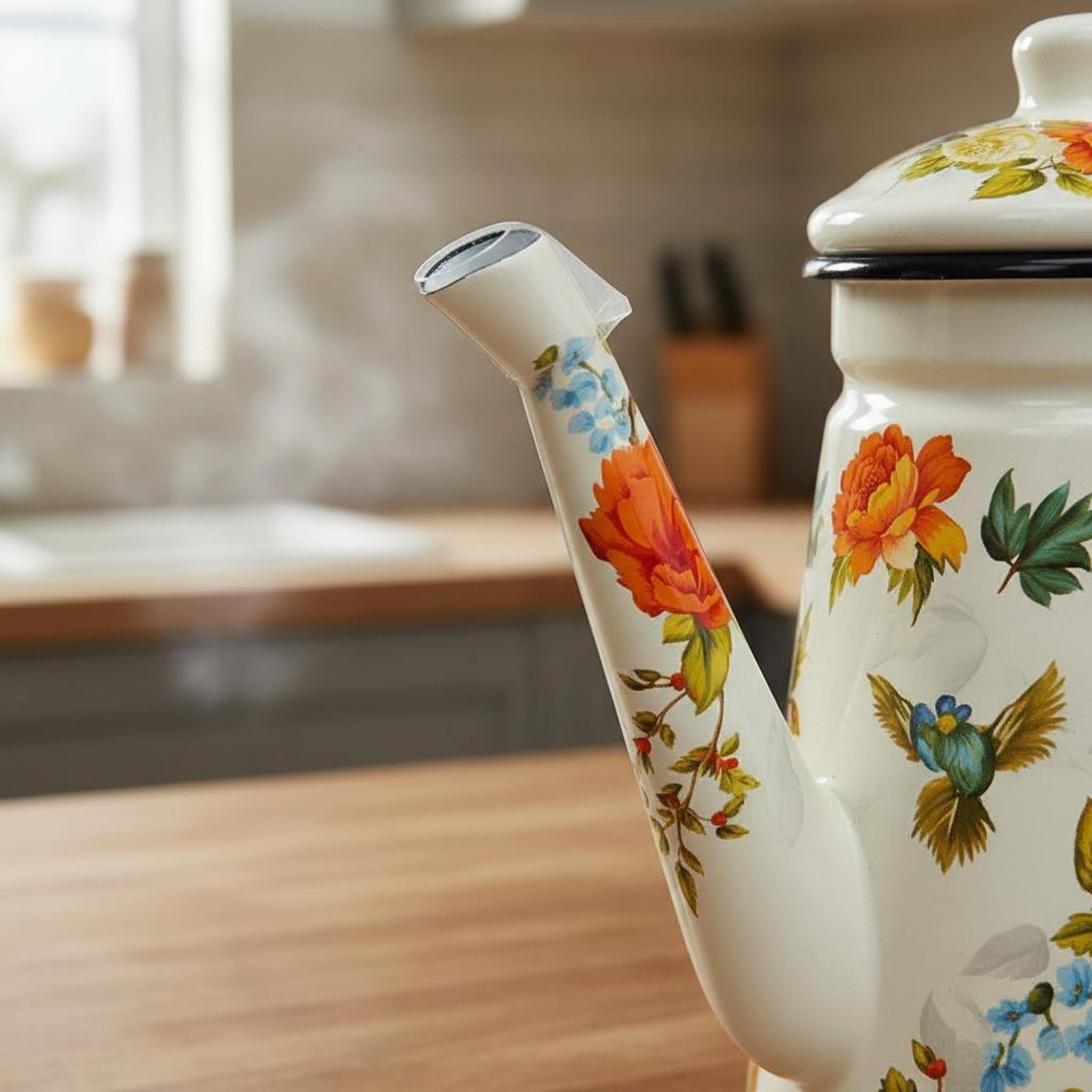 Contenitore per Bevande in Smalto con Coperchio Rimovibile per E Caffè con Motivo Floreale E Manico Comodo Adatto per