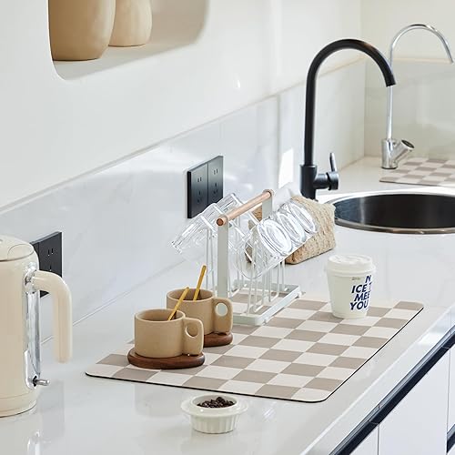 Miniatura 11 de Tapete de secado de platos a cuadros para encimera de cocina, accesorios de estación de cafetería, estética, retro, moderna, absorbente, tapete