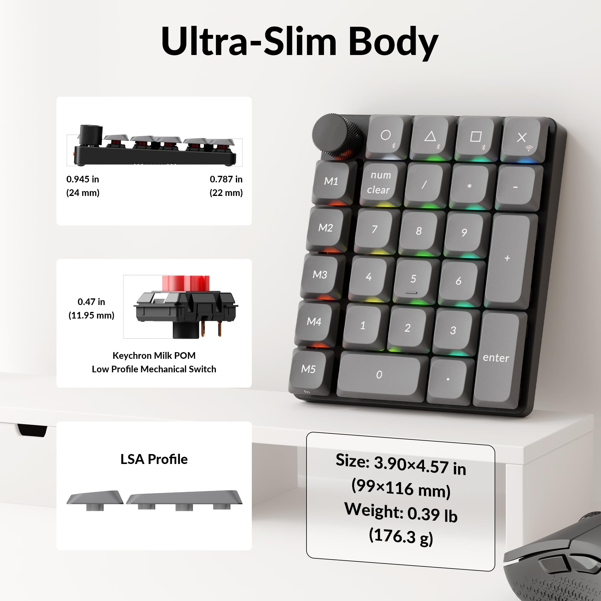 Keychron K0 Max Kabelloser Low-Profile-Nummernblock, QMK/VIA programmierbar, Hot-Swappable Red Switch, RGB-Hintergrundbeleuchtung, 2,4 GHz & Bluetooth 5.3, 1000 Hz Abfragerate, mit Drehknopf, für
