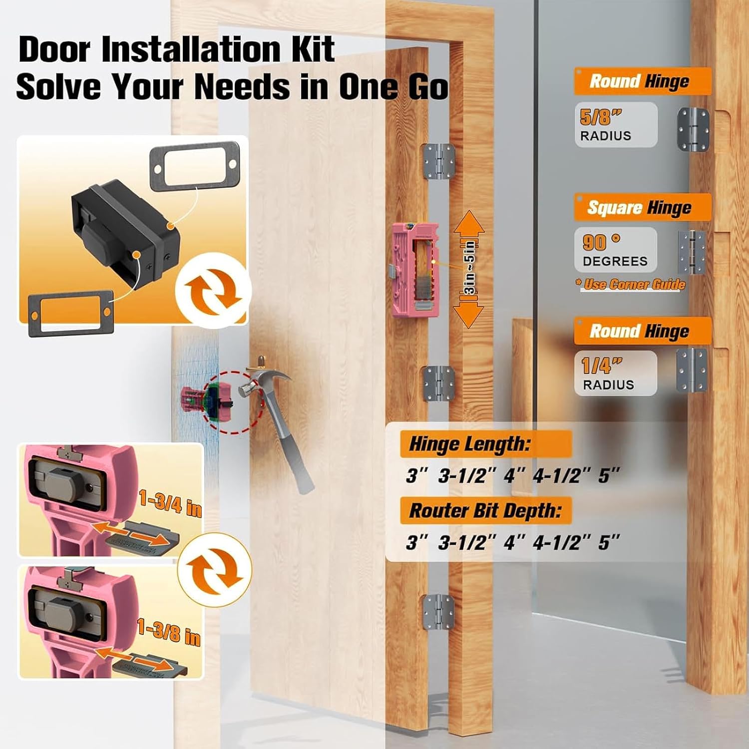 FTVOGUE Door Hinge Jig Template Door Hinge Mortiser Kit Adjustable with Drill Bits Fits 1 3/8in or 1 3/4in Doors for Accurate Hinge and Installation
