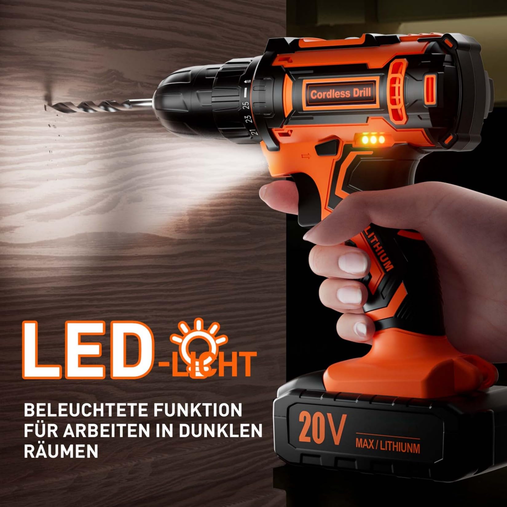Akkuschrauber mit 2 Akkus 2.0Ah, 20V Akku Bohrschrauber Set, 2-Gang Akku Bohrmaschine, 25+1 Drehmomentstufen Akkubohrer, 42Nm Max, 10mm Bohrfutter, 24 Teiliges, LED-Licht, Für Reparatur & DIY