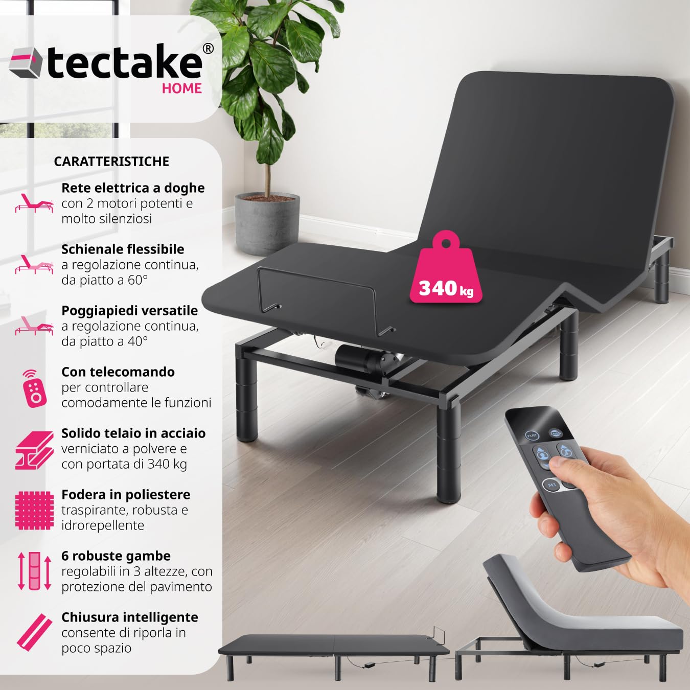 tectake® Letto Regolabile Elettricamente, Letto Regolabile, Elettrico, Due Motori Potenti, Regolazione Continua, Telecomando, Telaio In Acciaio - Antracite/Nero