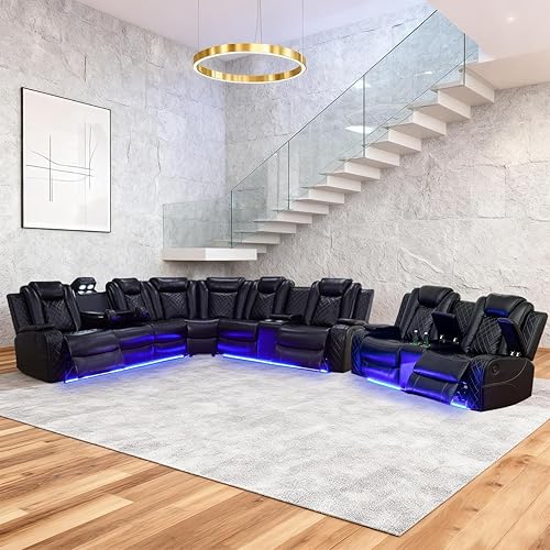 Miniatura 27 de Juego de sofá modular reclinable eléctrico para sala de estar, juego de sofá reclinable de cuero con luces LED / almacenamiento oculto, sofá en