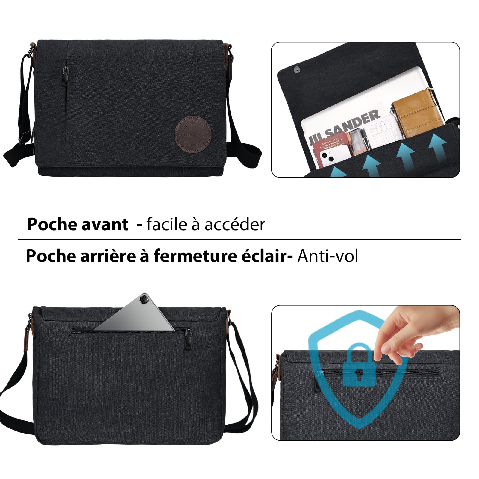 Leathario Besace Homme en Toile et Cuir Véritable, Sacs d'épaule Sac Bandoulière Rétro Vintagepour Travail Voyage Loisirs Bureau Université Ecole