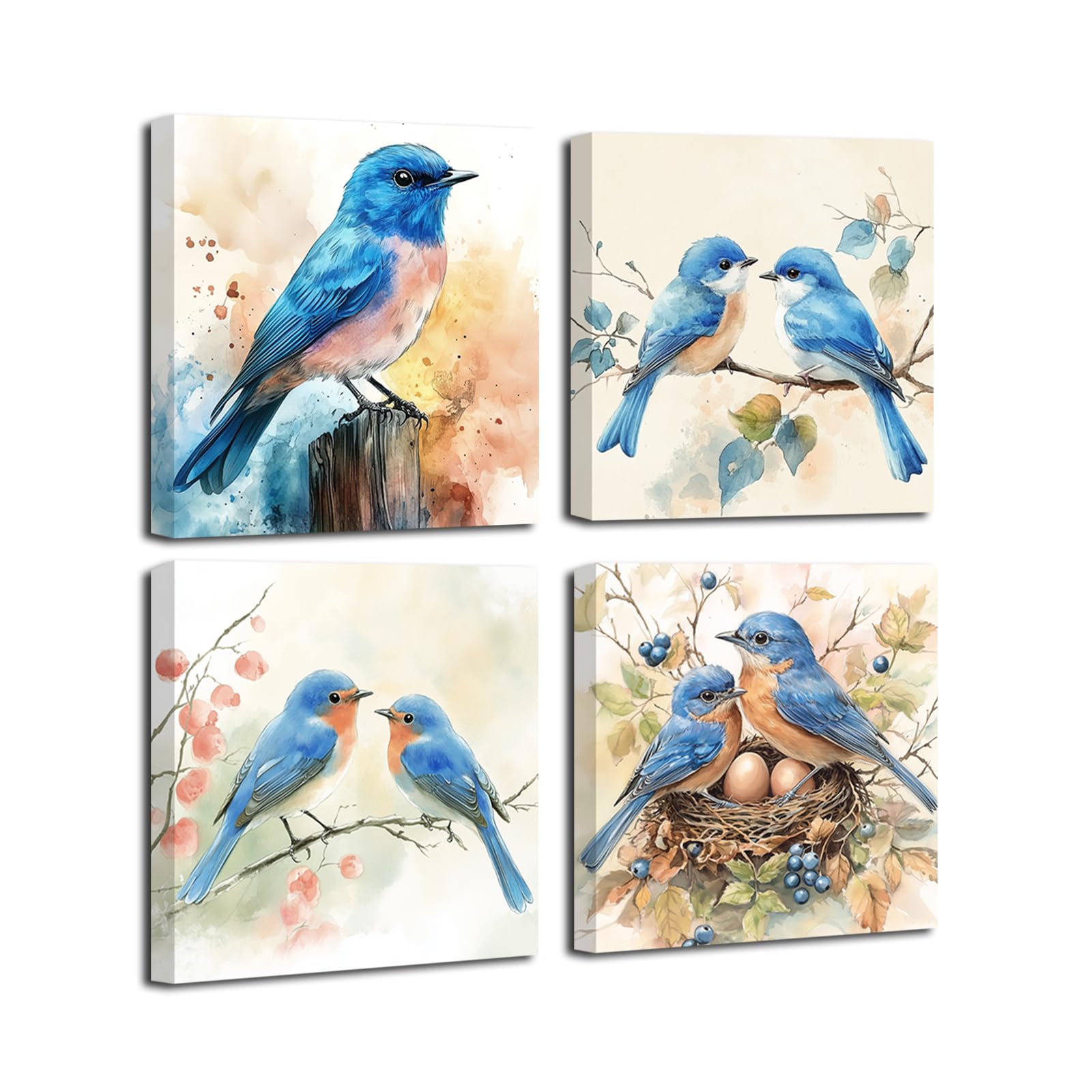 Amazon.co.jp: SWQYLB鳥キャンバスウォールアート鳥の絵4ピース木の枝