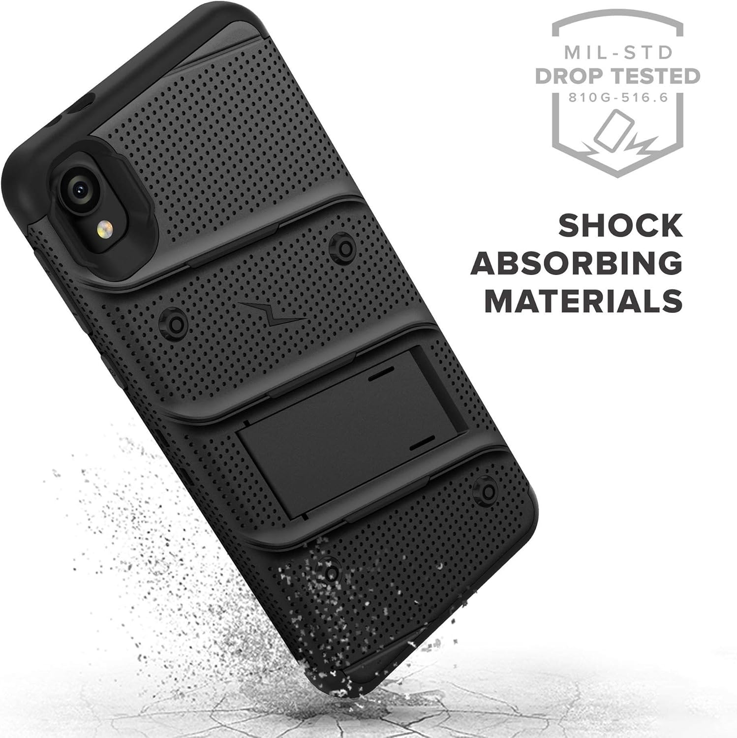 ZIZO Bolt Series Motorola Moto E6 Case | Heavy-Duty Military-Grade Drop Protection w/Kickstand Included Belt Clip Holster Tempered Glass Lanyard (Black/Black)