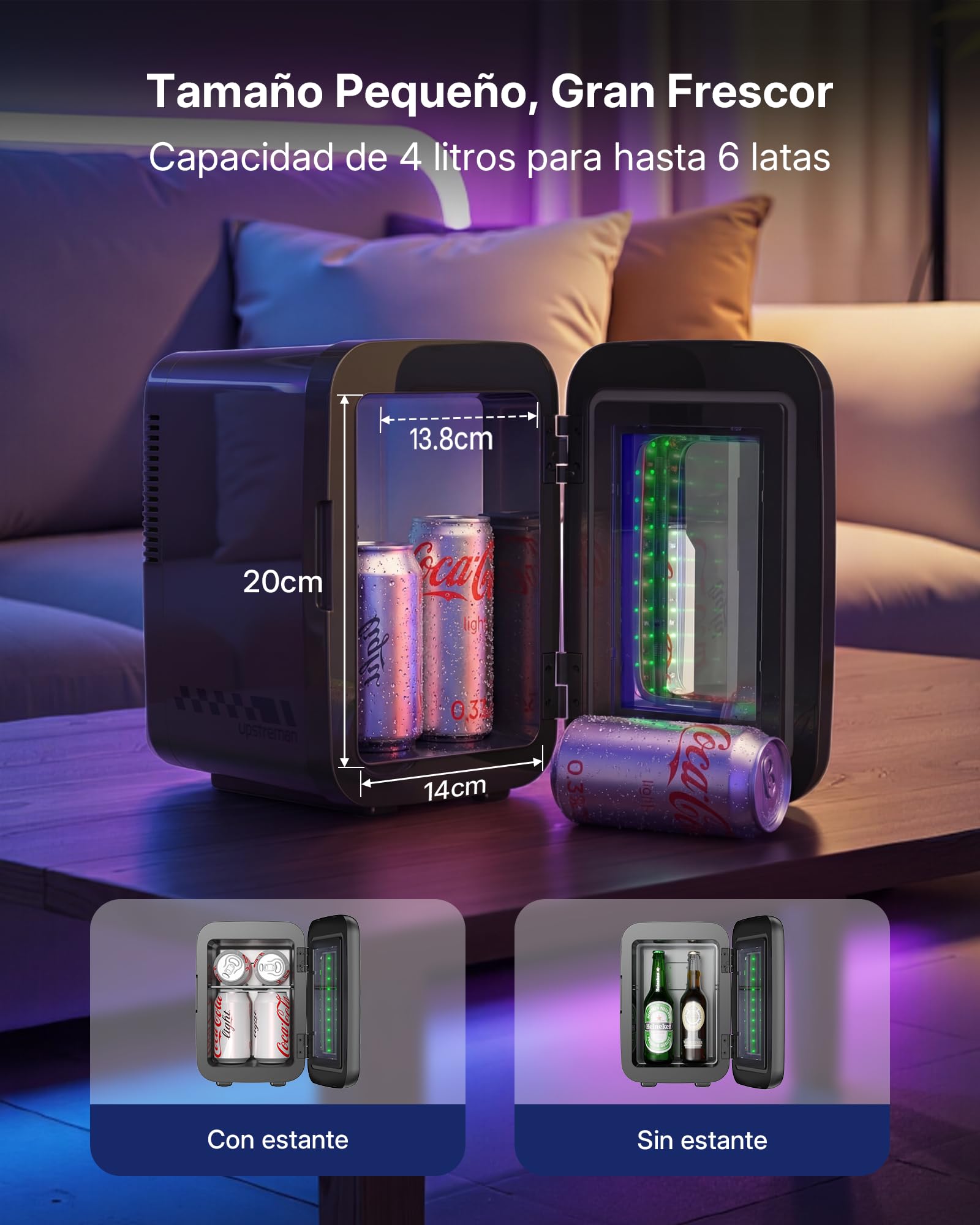 Upstreman Mini Nevera 4L/6 Latas con LED, TR4-S | Efecto Túnel LED Infinito, 12V/220V, Portatil, Para Habitacion, Gaming, Dormitorios Compartidos, Oficina, Coche