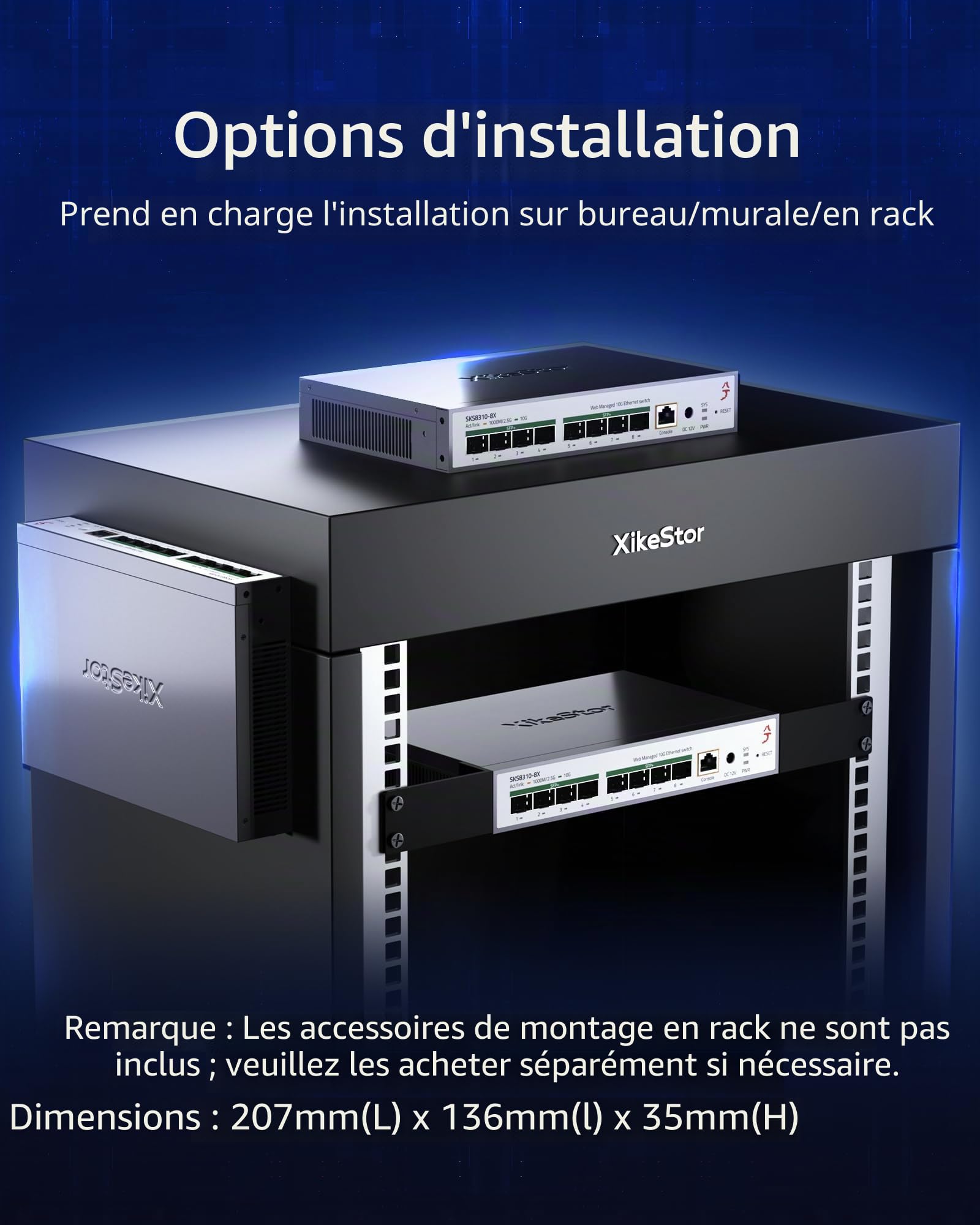 Commutateur géré L3 10G 8 Ports SFP+, Prend en Charge Les modules 1/2.5/10G, Bande passante 160 Gbit/s, agrégation de Liens, VLAN/DHCP/QoS, Refroidissement Intelligent du Ventilateur | 8 ports SFP+ 10G | Link Aggregation/QoS/VLAN/IGMP, montage mural, band
