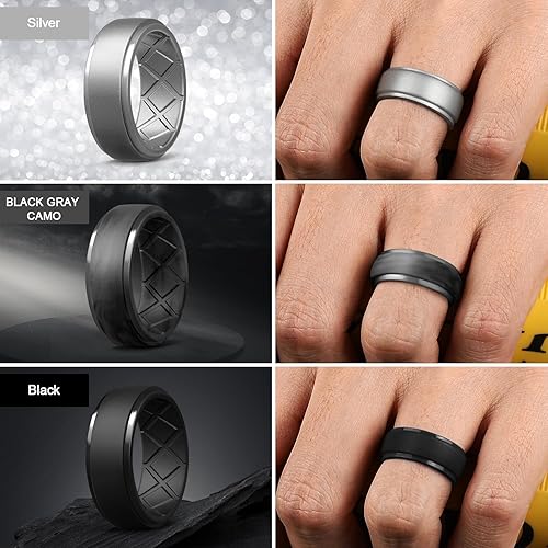 Miniatura 3 de Egnaro Anillo de silicona para hombre, 7 anillos, 4 anillos, 1 anillo con borde escalonado, bandas de boda de goma de 0.335 in de ancho - 0.098 in
