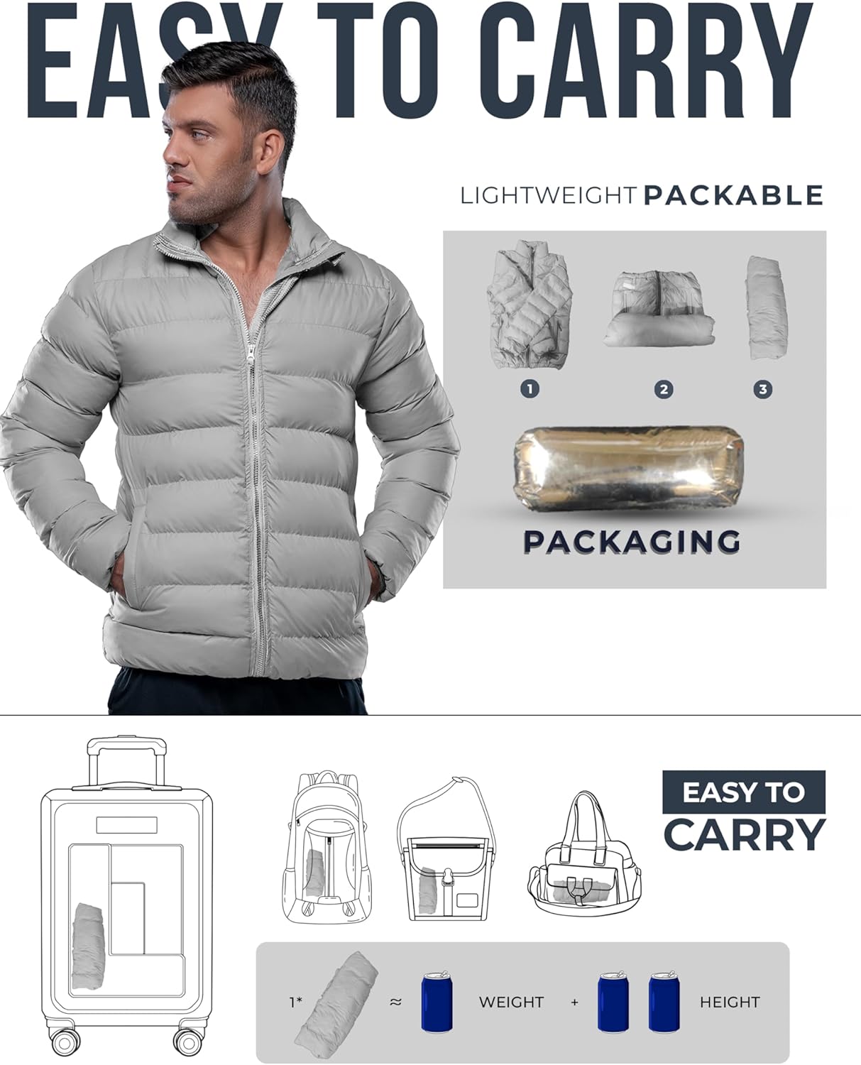 URBAN BUCK Packable Puffer Jacket for Men Lightweight Winter Duck Down Alternative Windproof & Water Repellent Hiking Jackets