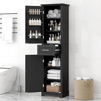 Bathroom Tall Storage Cabinet, Floor Freestanding Storage Cabinet with 2 Doors, One Drawer, Door Shelve Design, and Adjustable Shelf for Bathroom, Office, Multi-Use Organizer, Black