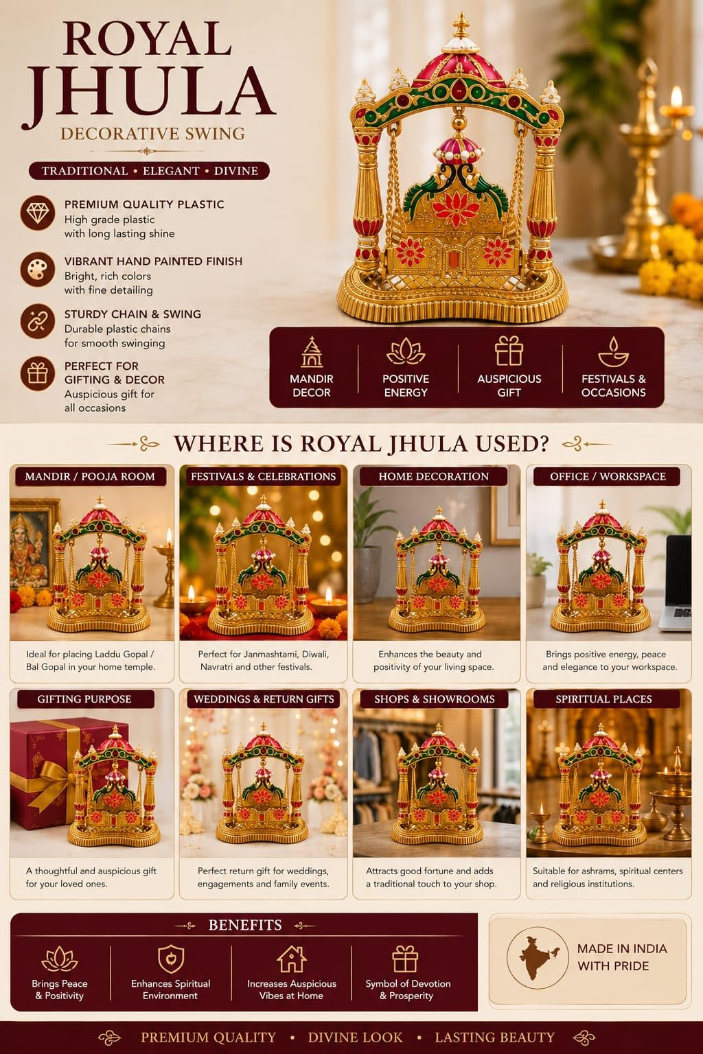 Golden Krishna Swing - Bal Gopal Jhula for Home Temple -5