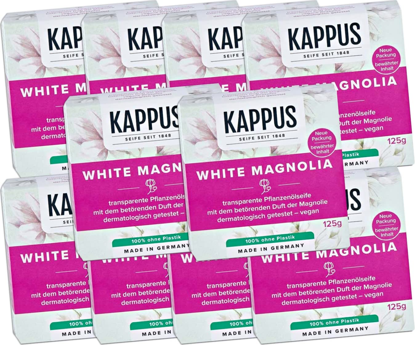 Kappus 10x125g Transparent Vegetable Soap with the beguiling Scent of White Magnolia - Gentle care for all skin types/Germany