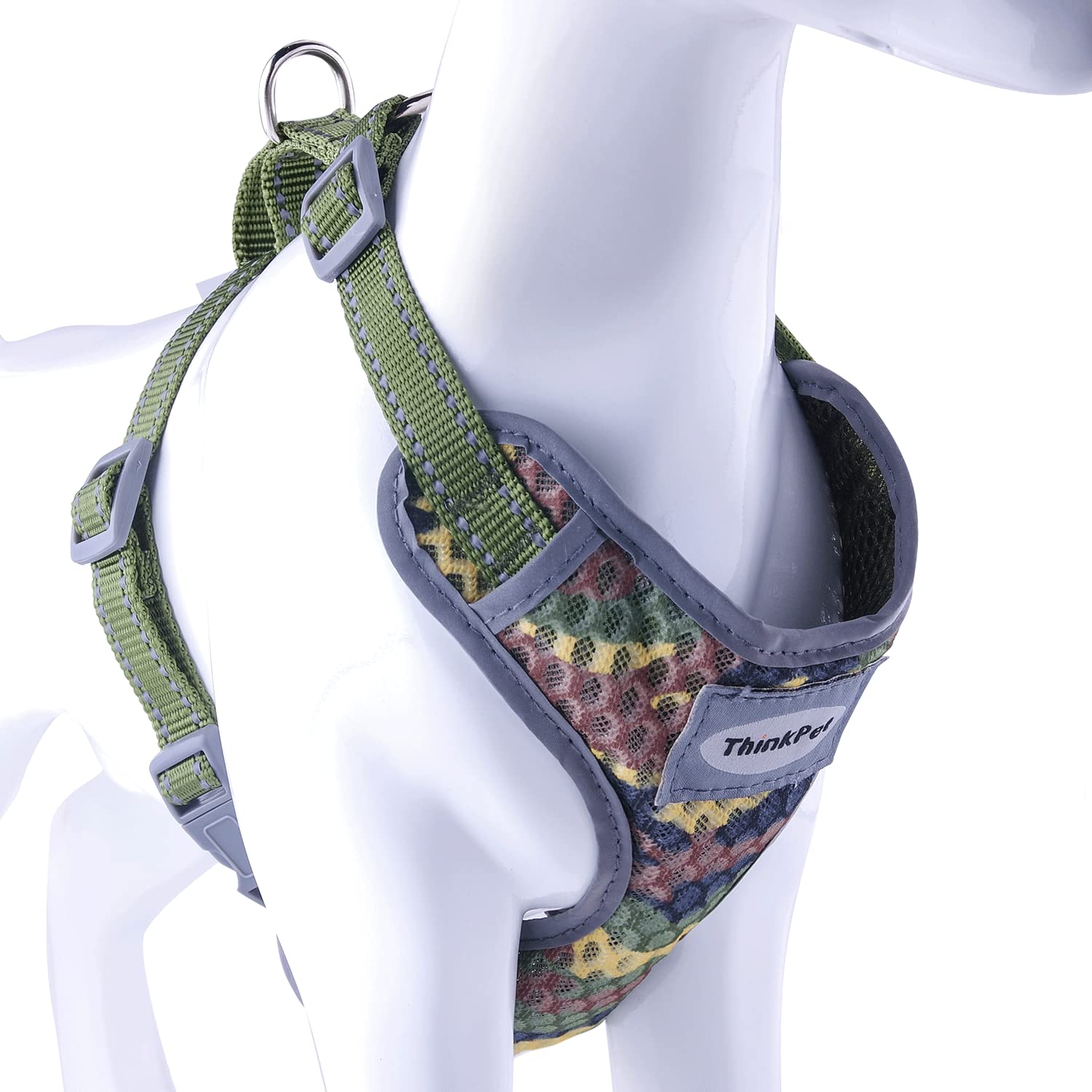 ThinkPet Reflective Breathable Soft Air Mesh No Pull Puppy Choke Free Over Head Vest Ventilation Harness for Puppy Small Medium Dogs (Camouflage Green,M)