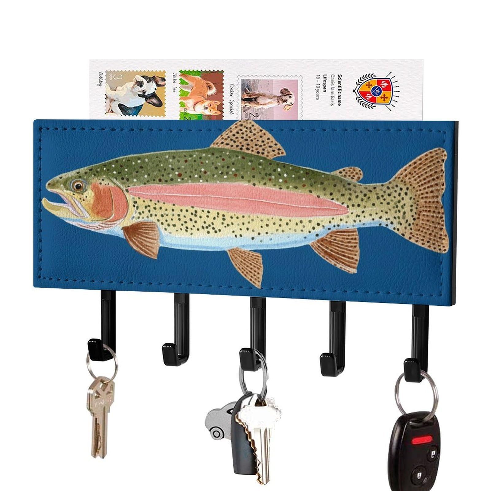 Jubonexis Rainbow Trout on Blue Wall Mount with 5 Hooks Acrylic Key Rack for Home Office Entryway