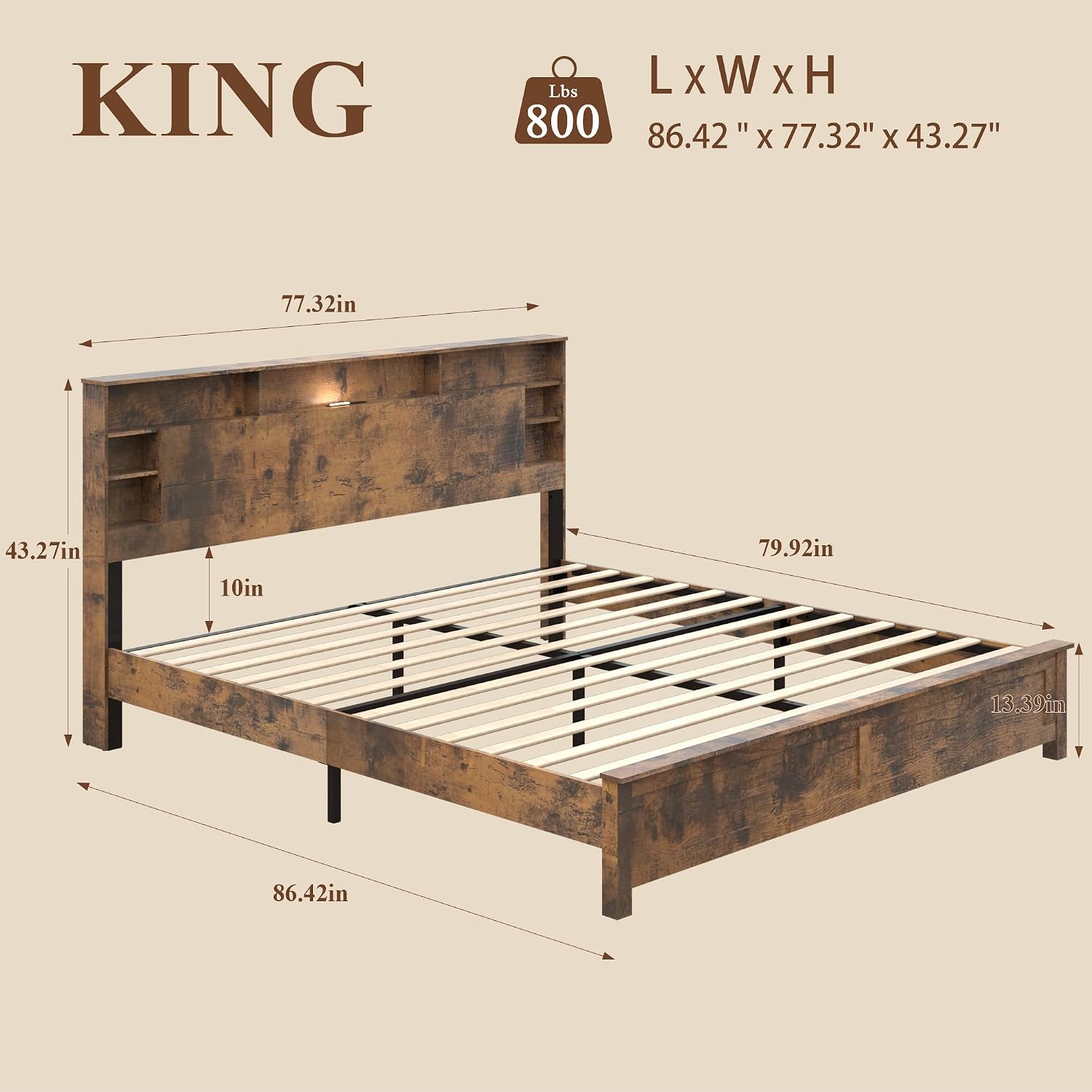 LUMISOL Farmhouse King Size Bed Frame with Shelves & Charging Station, Solid Wood Rustic Platform Bed with Bookcase Headboard and LED Light, Dark Brown