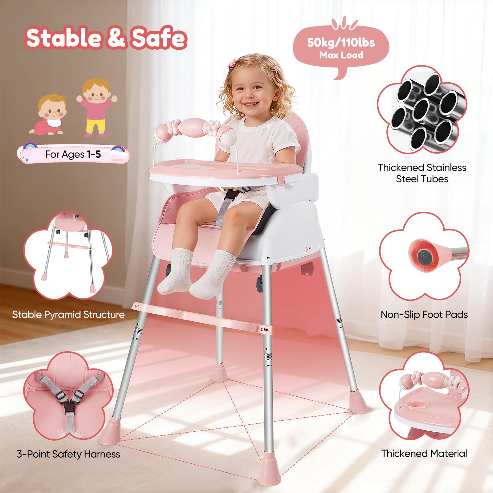 Trona 3 en 1 – Trona plegable para bebés con arnés de 5 puntos y bandeja extraíble; ajustable para niños de 6 meses a 5 años, soporta hasta 50 kg