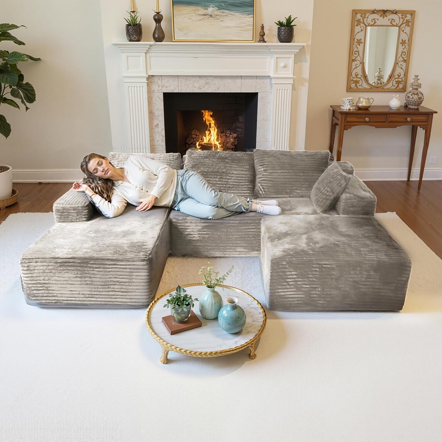 106'' Modular Sectional Sofa, U Shaped Boneless Cloud Couch with Chaise and Ottoman, 4-in-1 Flexible Combination Faux Rabbit Fur & Layered Cushion Deep Seat for Living Room, No Assembly Camel