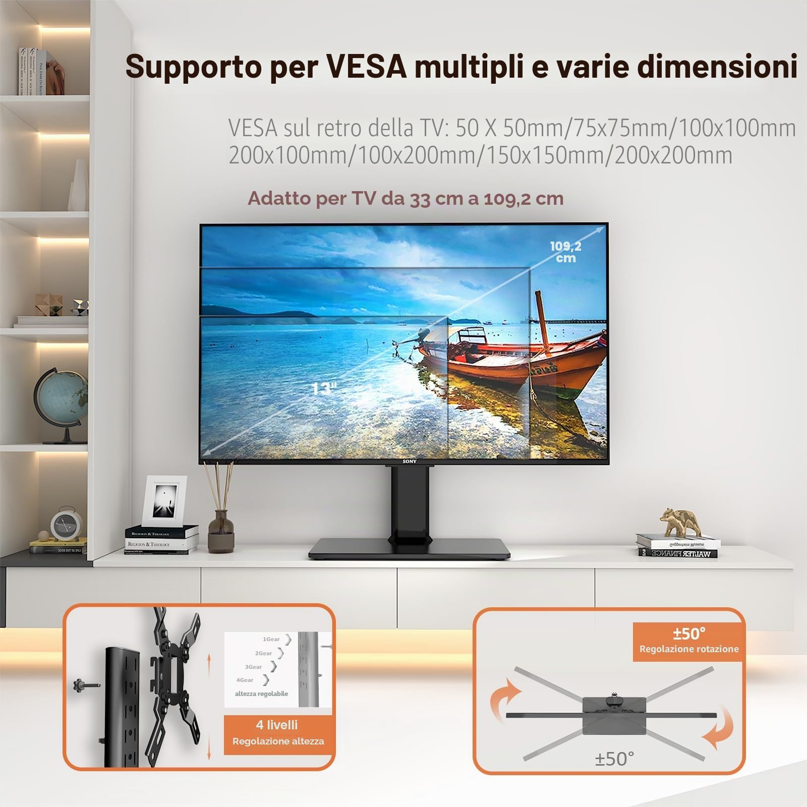 Supporto TV universale girevole/Base TV da tavolo per TV da 19 pollici a 39 pollici con girevole da 90 gradi, base in vetro temperato ad alta resistenza regolabile a 4 livelli, resistente a 35 kg.