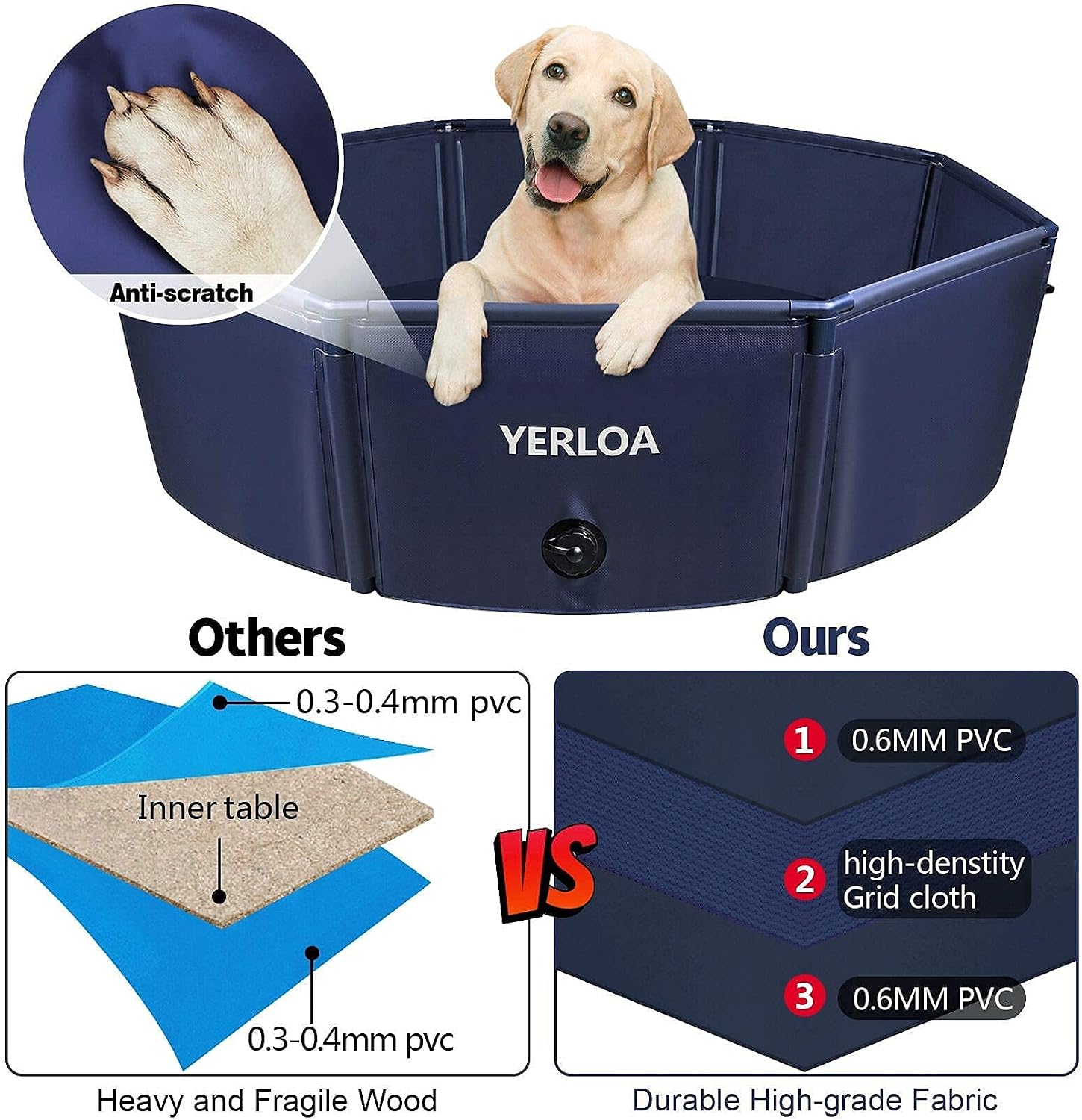 Yerloa Foldable Dog Pool, 48" Extra Large Pet Swimming Pool Collapsible Dog Pet Pool Bathing Tub Kiddie Pool for Large Small Dogs, XL/L.