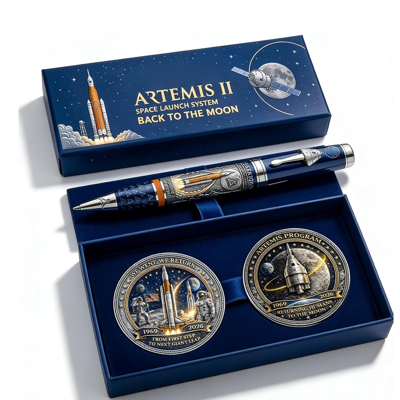 Artemis II Back to The Moon Mission Commemorative Pen with Coin, Rocket Astronaut Themed Ballpoint Pen for Space Lovers, Men, Office Desk Decor, Collector's Pen with Gift Box (02#)