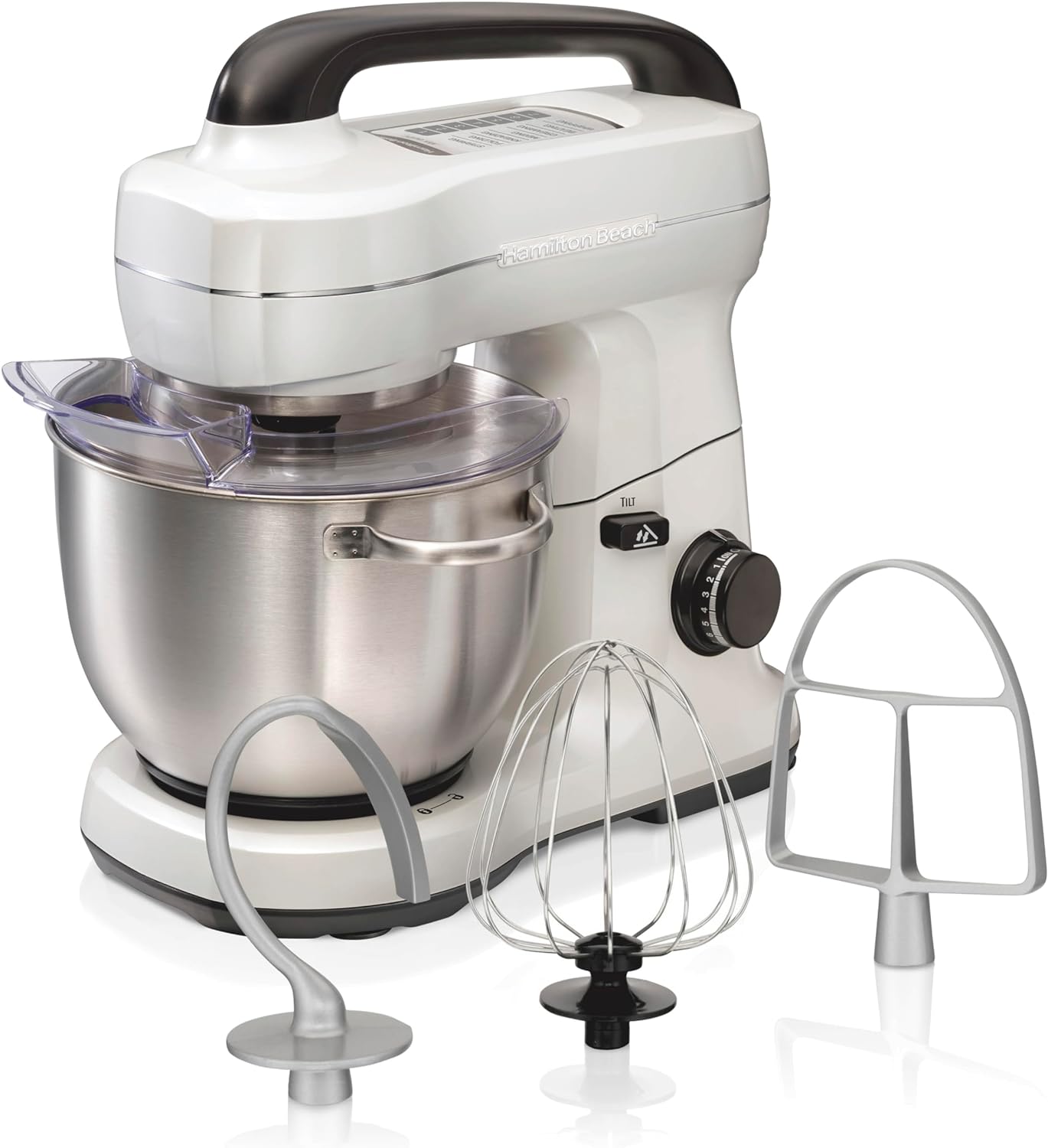 Hamilton Beach Electric Stand Mixer, 4 Quarts, Dough Hook, Flat Beater Attachments, Splash Guard, 7 Speeds with Whisk, Easy-Carry Top Handle, White