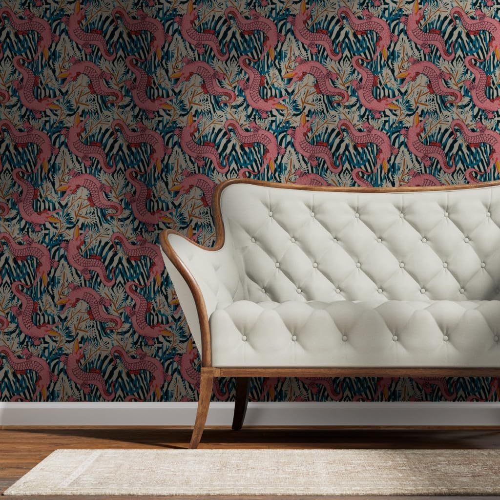 Silver Metallic Wallpaper Swatch - Pink, Bright, Animal, Alligator, Gator, maximalism, Reptile, Large Scale, Tropical, Floral, Traditional Wallpaper by Spoonflower