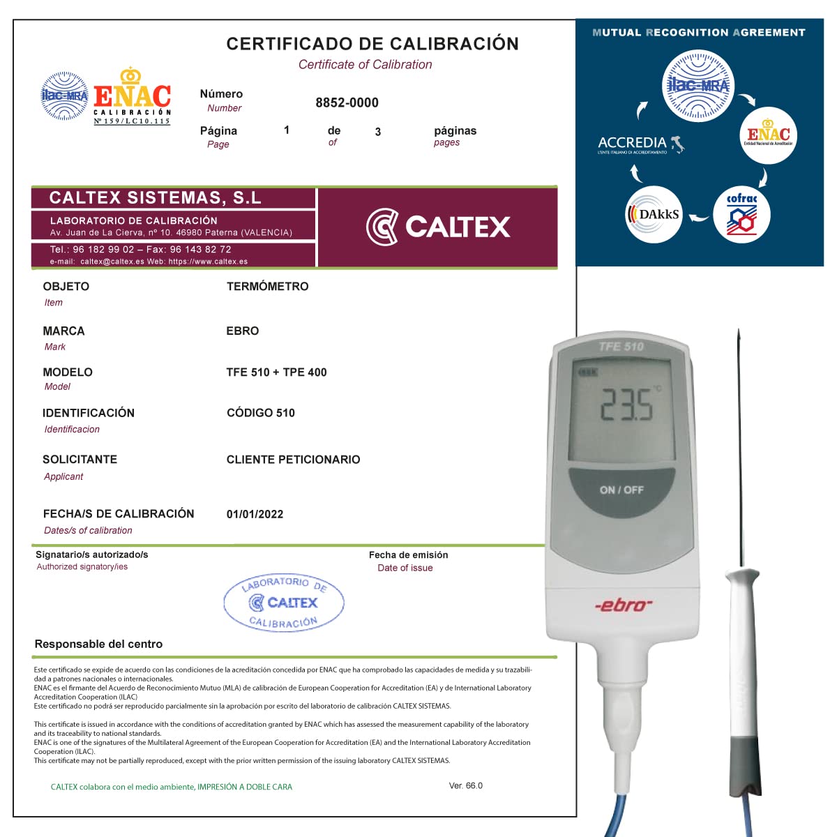 Termometro tarato EBRO TFE 510 + TPE 400 con Certificato di Taratura Acreditato LAT (accettato da ACCREDIA)