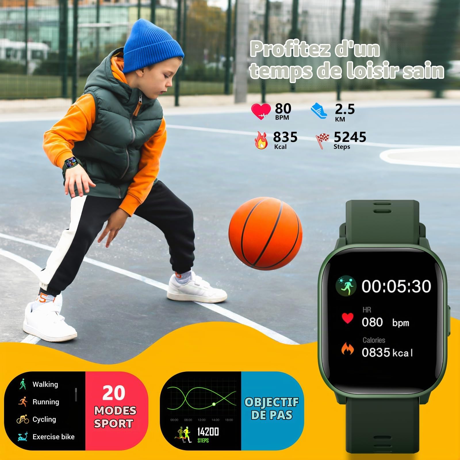 Enfants smartwatch, Montre pour Enfants Filles garçons 20 Modes de Sport, podomètre, Moniteur de Sommeil, Enfants Sport Montre Cadeau d'anniversaire Cadeau pour Les Filles garçons