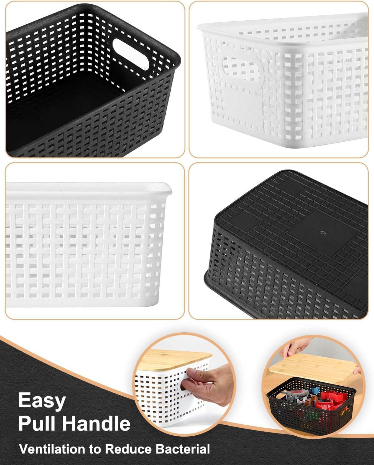 Storage Bins with Lids 6 Packs, Plastic Storage Bins with Bamboo Lids for Pantry Organization and Storage Containers for Shelves Drawers Desktop Closet Playroom Classroom Office Home, White